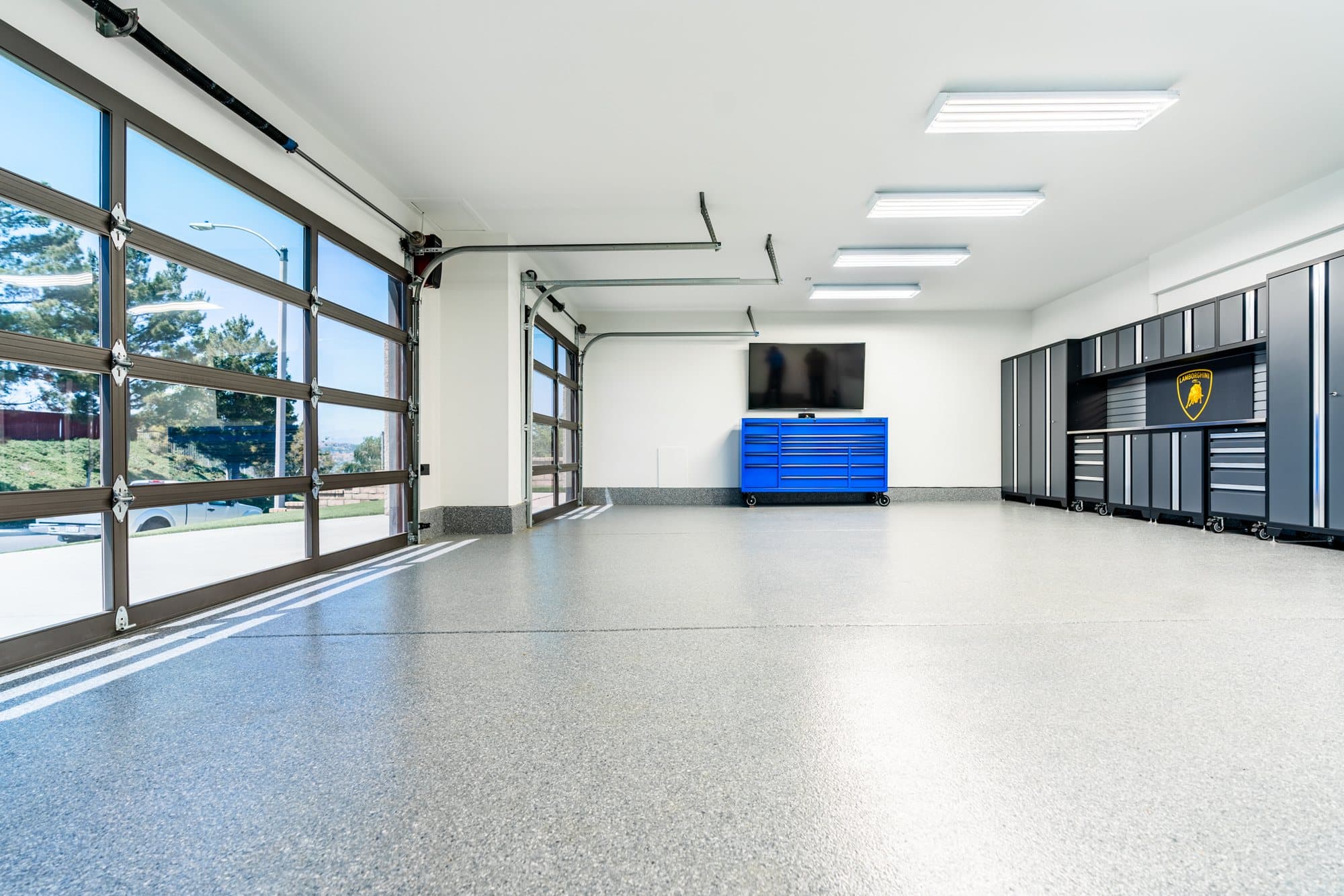 Glossy flake-coated floor in a finished residential luxury garage